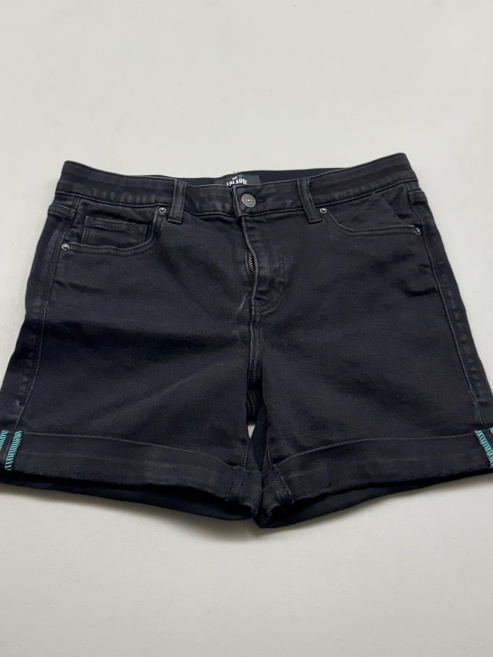 LuLaRoe Black Denim Roll Cuff Jean Shorts with Subtle Teal Trim